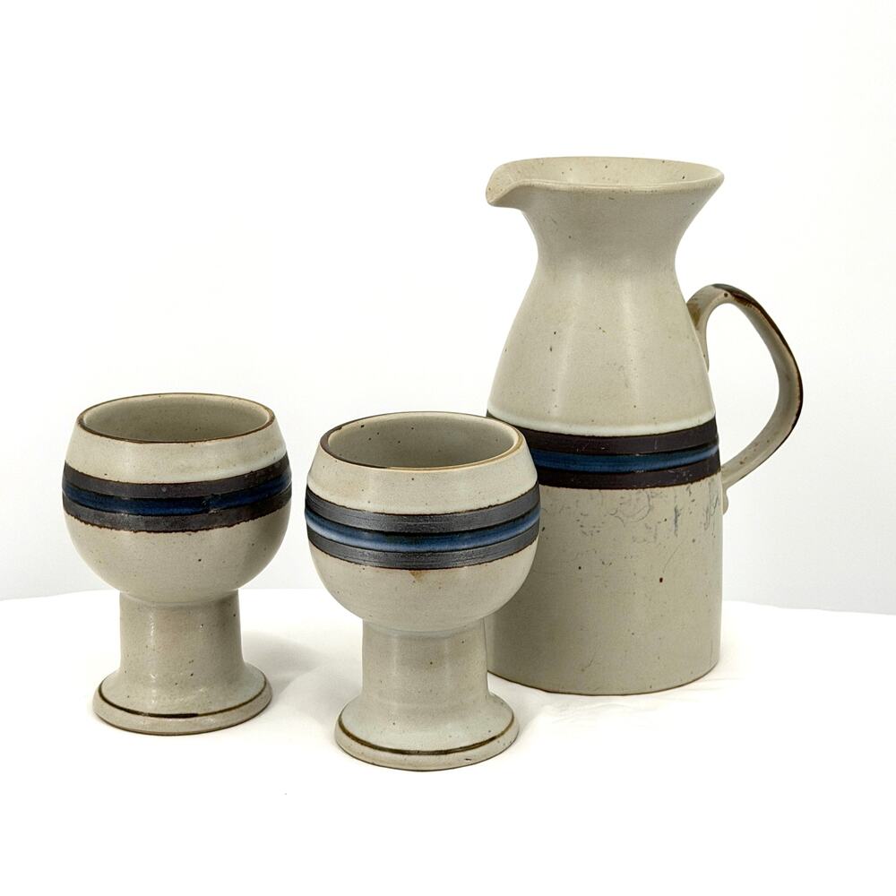 Vintage 70s Cream Blue Brown Striped Stoneware Hand Painted Pitcher Goblet Set